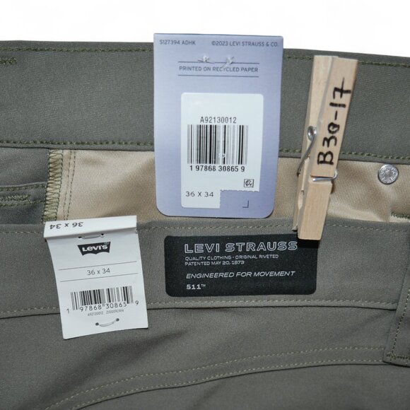 Levi's 511 Men's Size 36x34 Slim Fit Tech Pants Performance Stretch Olive Green - Picture 11 of 15